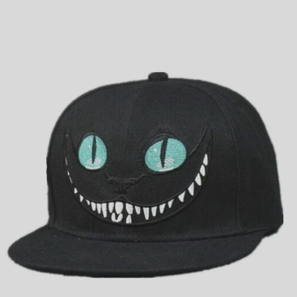 Cheshire Cat Snapback Hat Black Embroidered Grin Teeth Smile Baseball Cap